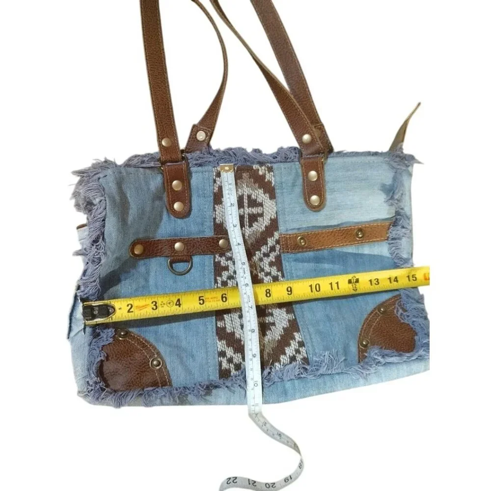 Large Myra Denim & Faux Leather Boho Tote Bag With Woven Aztec Pattern & Fringe